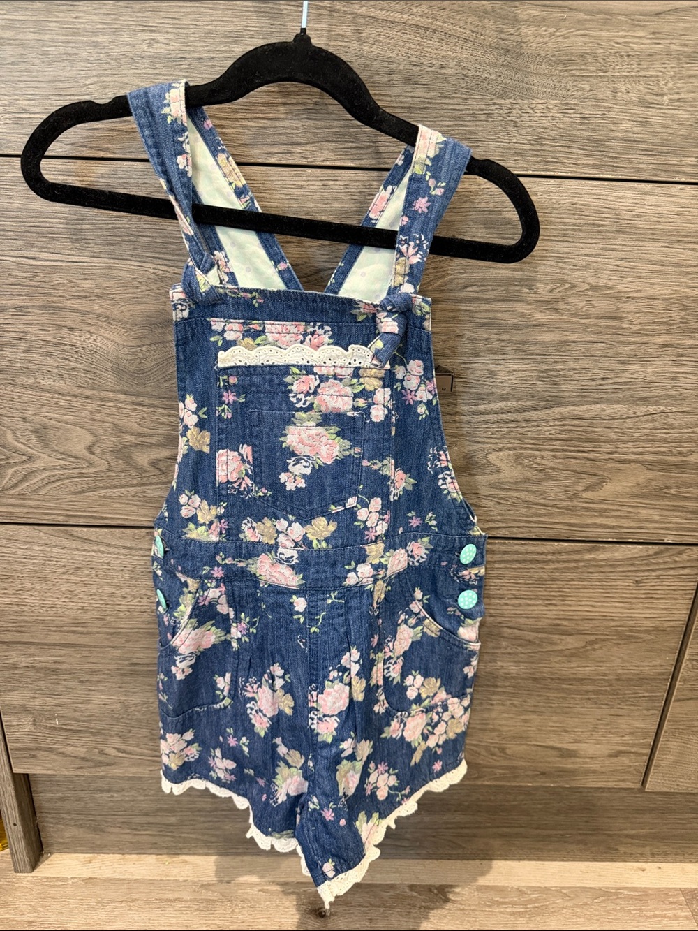 Matilda Jane Blue Denim Floral Short Overalls with Lace Accent